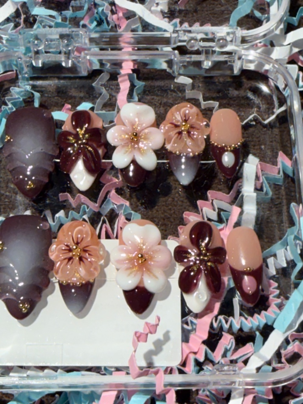Floral 3D Press-On Nails Set – Pink, Nude & Burgundy